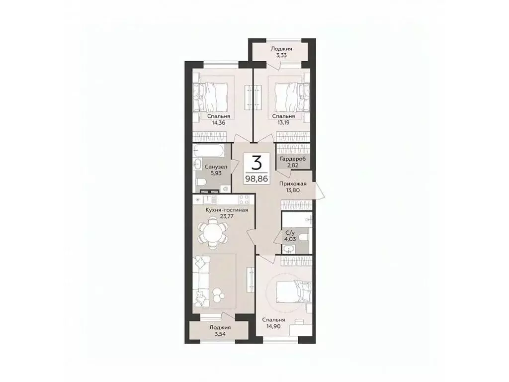 3-к кв. Воронежская область, Воронеж Эклипс жилой комплекс (96.86 м) - Фото 1