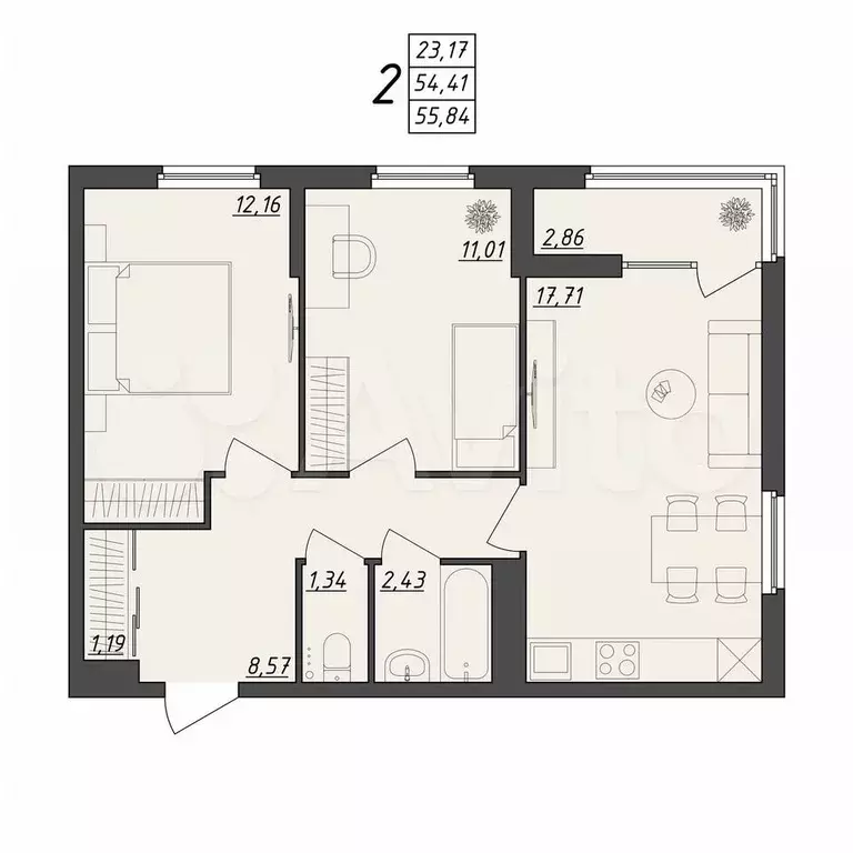 2-к. квартира, 55,8 м, 10/10 эт. - Фото 0