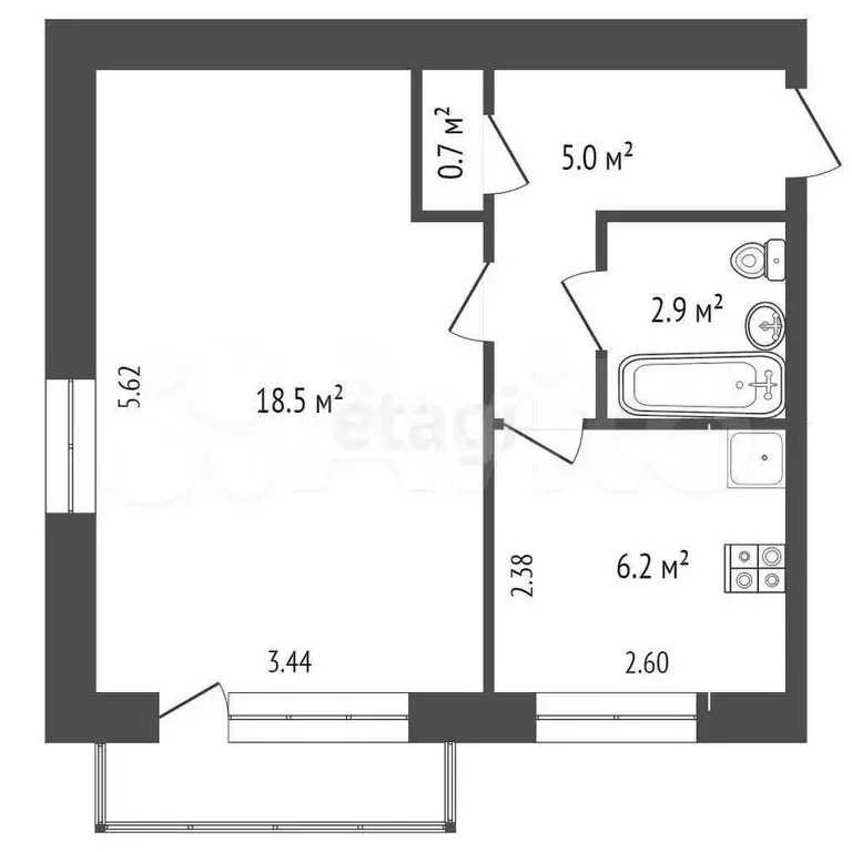 1-к. квартира, 33,3 м, 2/5 эт. - Фото 0