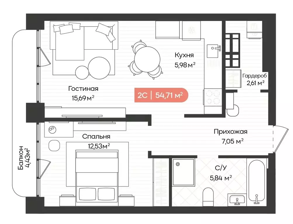 2-комнатная квартира: Новосибирск, Ленинградская улица, 342 (54.71 м) - Фото 1