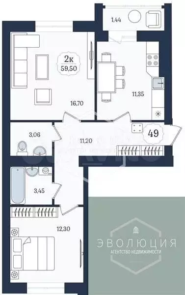 2-к. квартира, 59,5 м, 1/9 эт. - Фото 0