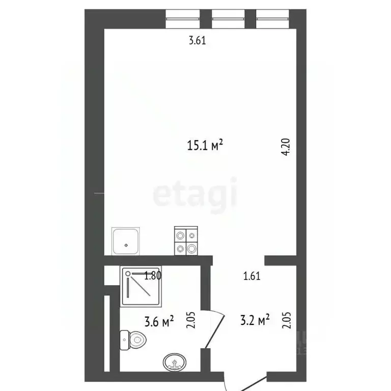 Студия Тюменская область, Тюмень Севастопольская ул., 2к4 (20.9 м) - Фото 1