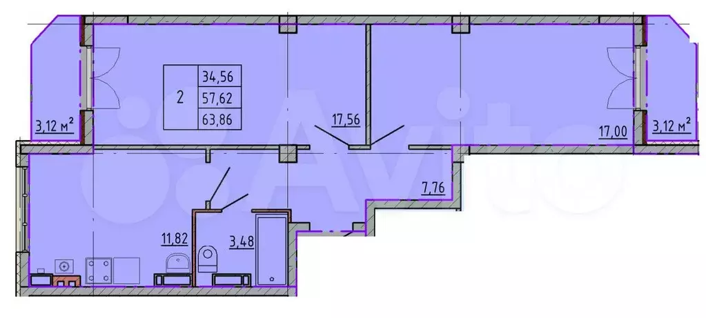 2-к. квартира, 63,7 м, 5/5 эт. - Фото 0