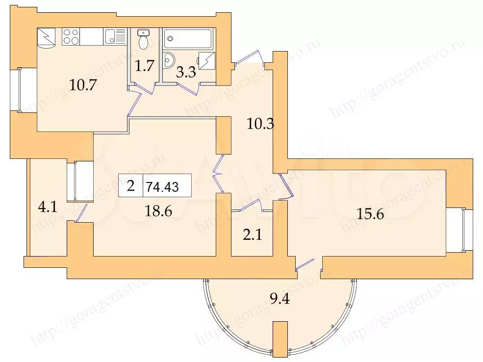 2-к. квартира, 60,9 м, 5/7 эт. - Фото 0