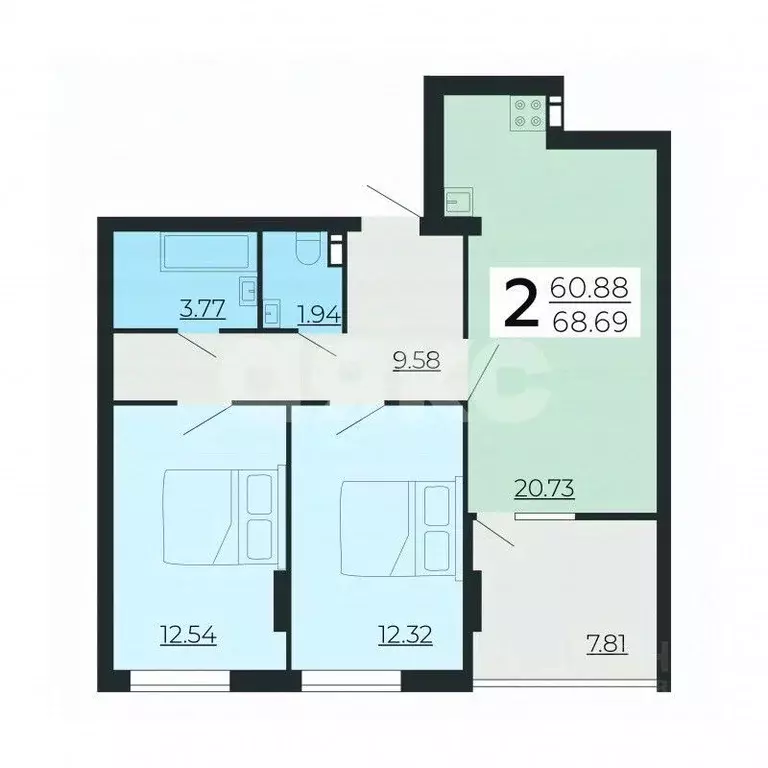 2-к кв. Липецкая область, Липецк ул. Нестерова, 9 (68.69 м) - Фото 2