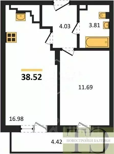 1-к кв. Калининградская область, Калининград Батальная ул., 65Б (38.52 ... - Фото 0