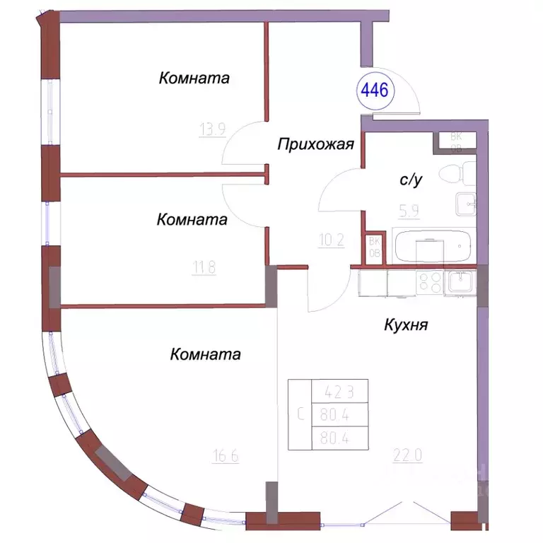 3-к кв. Калининградская область, Светлогорск  (80.4 м) - Фото 1