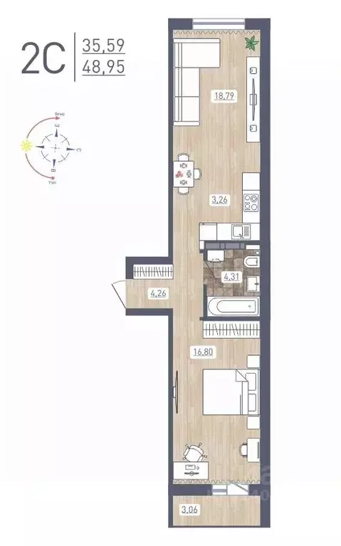 2-к кв. Новосибирская область, Новосибирск ул. Забалуева, 69 (48.95 м) - Фото 0