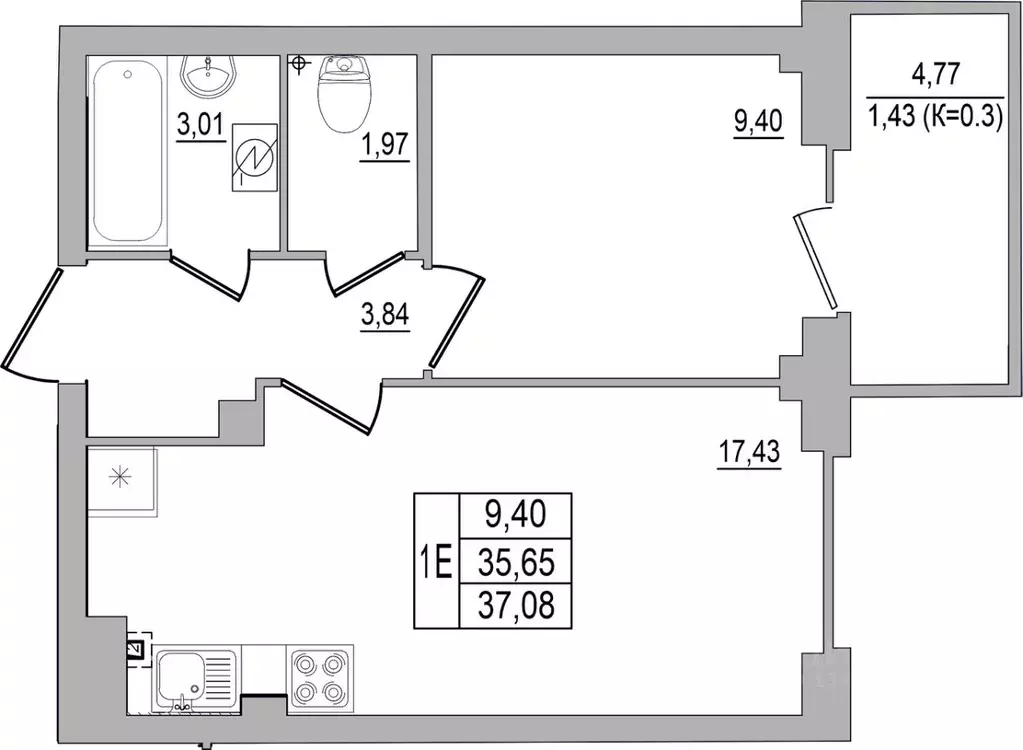 1-к кв. Псковская область, Псков ул. Юности, 32 (37.08 м) - Фото 0