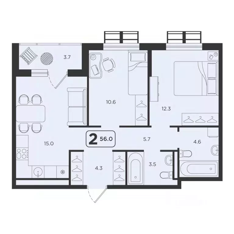 2-к кв. Тюменская область, Тюмень  (56.0 м) - Фото 1