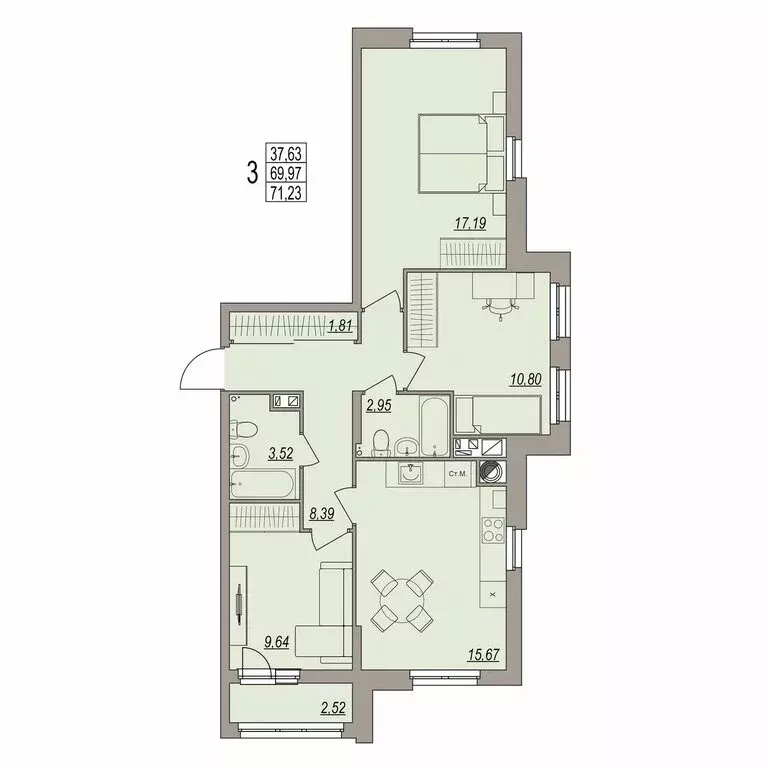 3-комнатная квартира: Волгоград, Центральный район (71.23 м) - Фото 0