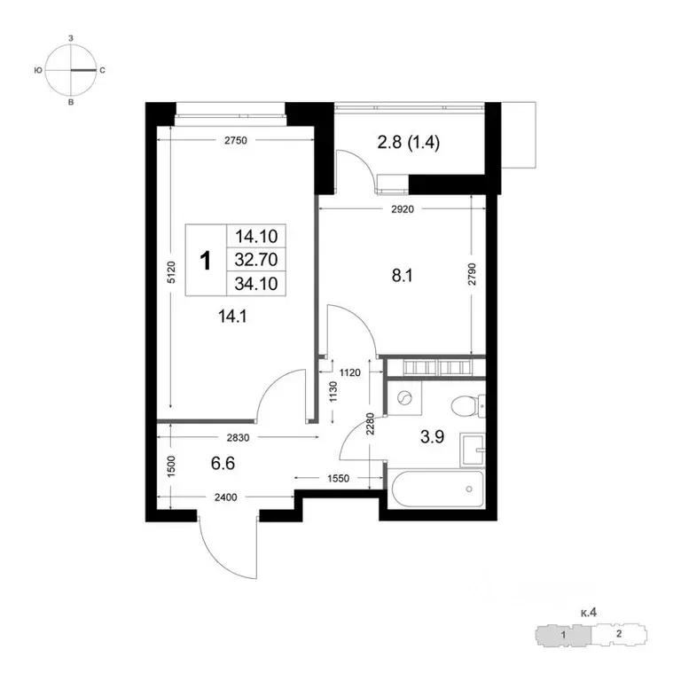 Квартира, 1 комната, 34.1 м - Фото 1