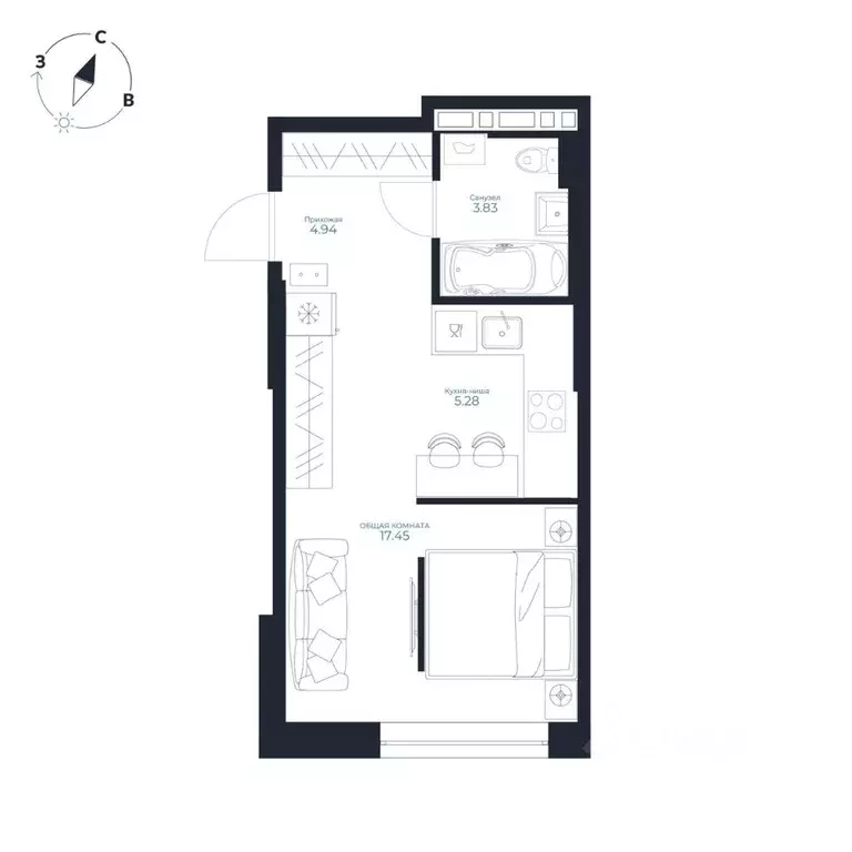 Студия Приморский край, Владивосток Каскада жилой комплекс (31.52 м) - Фото 1