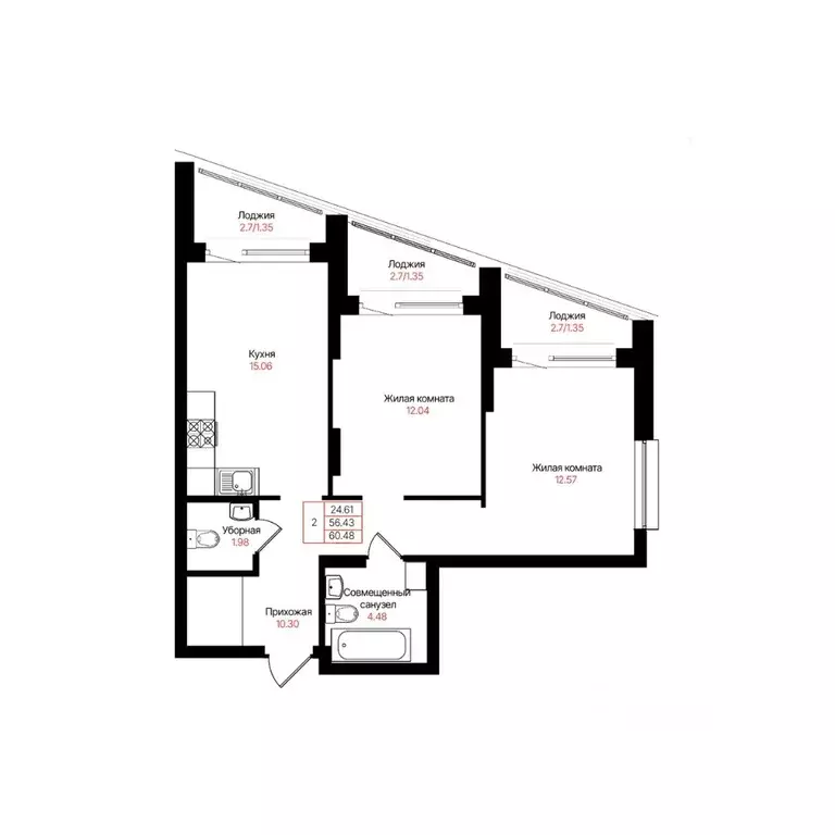 2-к кв. Татарстан, Казань Лето жилой комплекс (60.48 м) - Фото 2