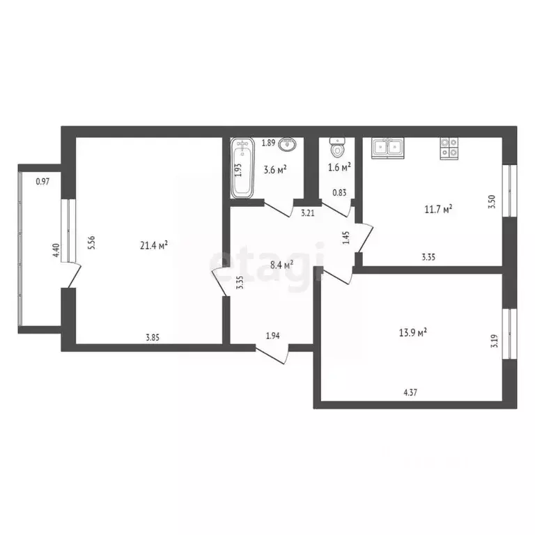 2-к кв. Ханты-Мансийский АО, Нягань Железнодорожная ул., 23 (60.6 м) - Фото 1