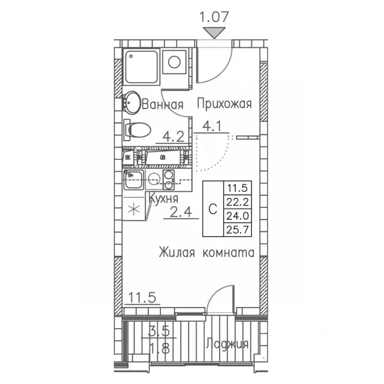1-к кв. Приморский край, Владивосток ул. Расула Гамзатова, 7к1 (25.7 ... - Фото 1