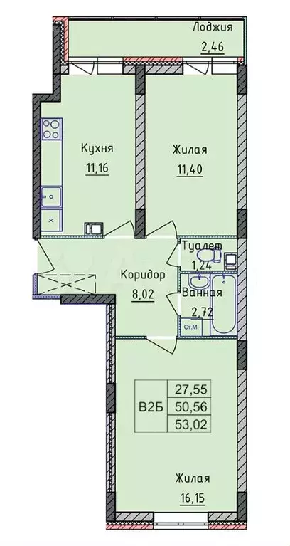 2-к. квартира, 53 м, 4/8 эт. - Фото 0