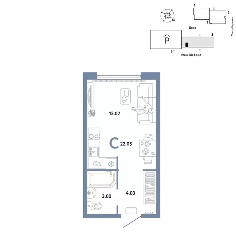 Квартира-студия: Екатеринбург, Шефская улица, 22А (22.05 м) - Фото 0