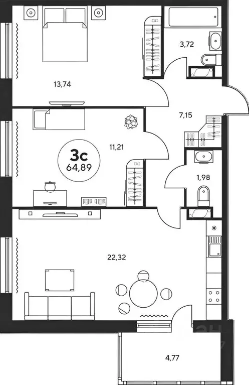 3-к кв. Ростовская область, Ростов-на-Дону просп. Сиверса, 30 (64.0 м) - Фото 2