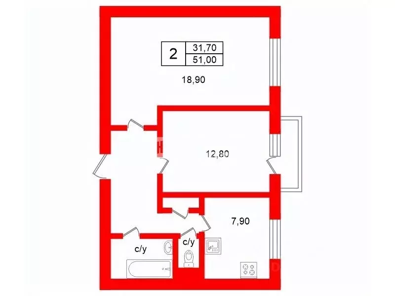 2-к кв. Санкт-Петербург Караваевская ул., 2К1 (51.0 м) - Фото 2