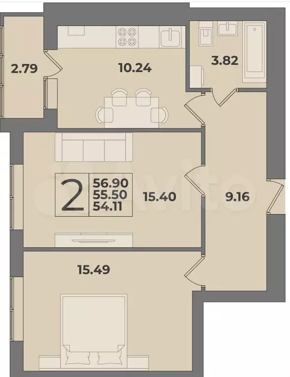 2-к. квартира, 57 м, 5/9 эт. - Фото 1