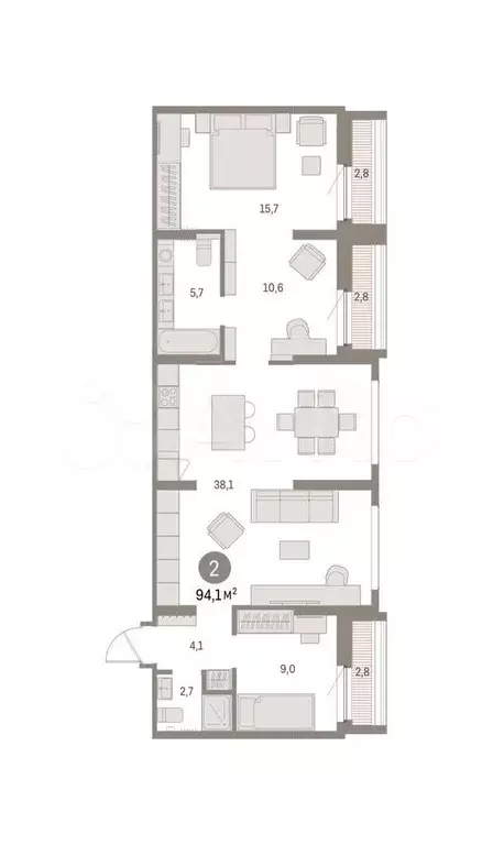 3-к. квартира, 94,1 м, 2/9 эт. - Фото 0