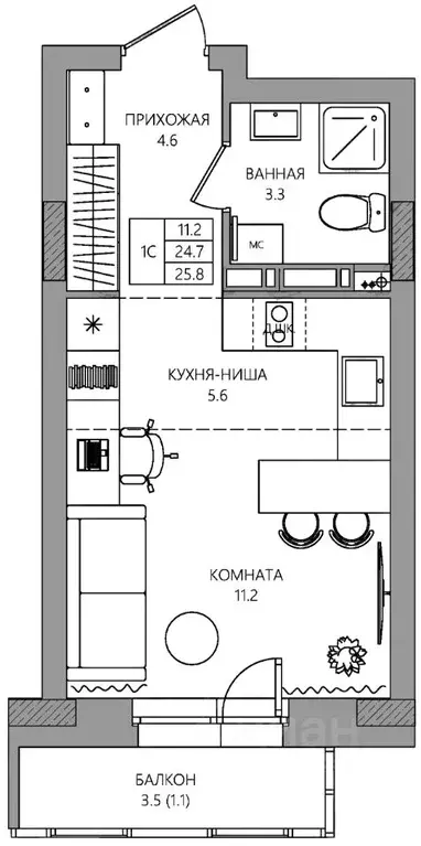 Студия Пермский край, Пермь ул. Капитана Гастелло, 15 (25.8 м) - Фото 1