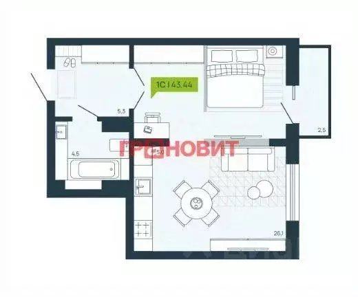 Квартира, 1 комната, 43.44 м - Фото 0