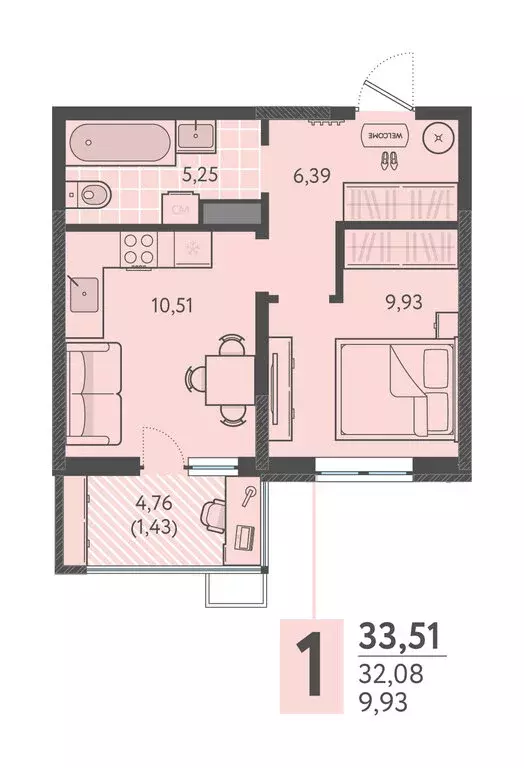 1-комнатная квартира: Краснодар, ЖК Тёплые Края (33.51 м) - Фото 1