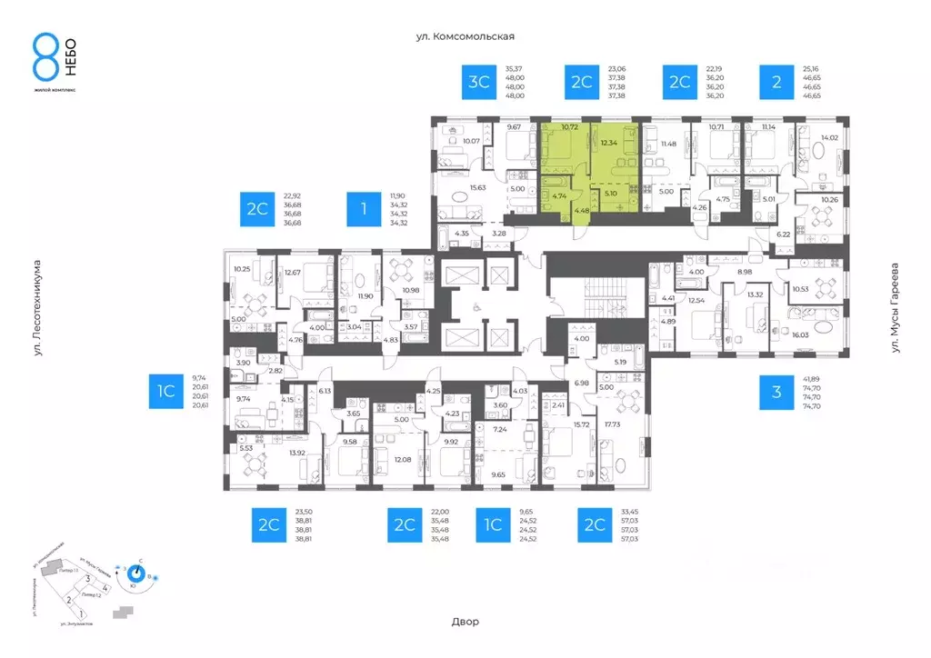 2-к кв. Башкортостан, Уфа Глумилино-1 мкр, 8-е Небо жилой комплекс ... - Фото 1