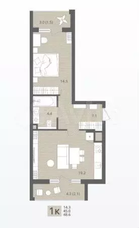 1-к. квартира, 48,6 м, 1/7 эт. - Фото 1
