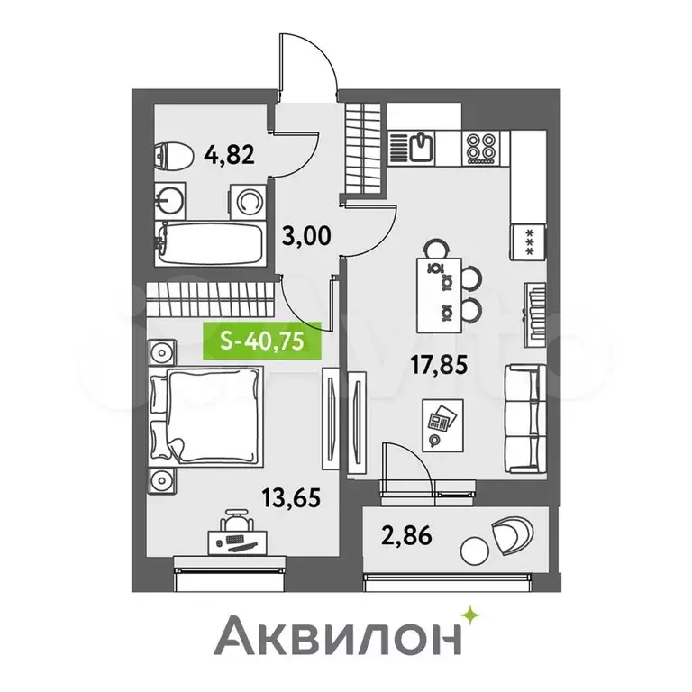 1-к. квартира, 40,8 м, 2/12 эт. - Фото 0