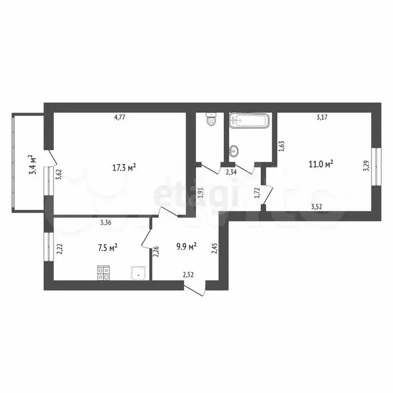 2-к. квартира, 48,8 м, 3/5 эт. - Фото 0