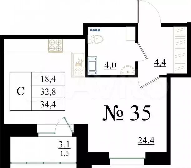 Квартира-студия, 34,4м, 4/8эт. - Фото 0