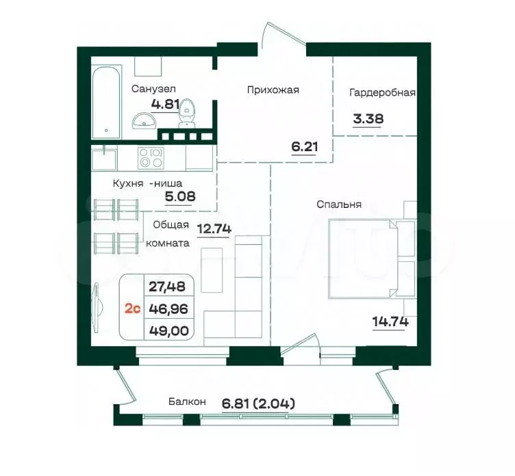 2-к. квартира, 49 м, 5/7 эт. - Фото 0