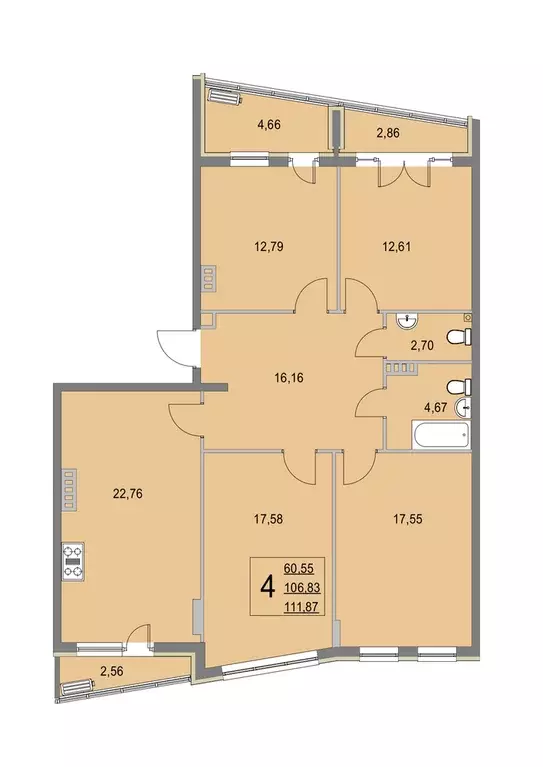 4-к квартира, 111.6 м - Фото 0