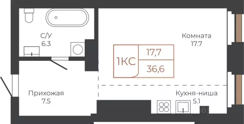 1-к кв. Алтайский край, Барнаул пл. Баварина, 8к1 (36.2 м) - Фото 1