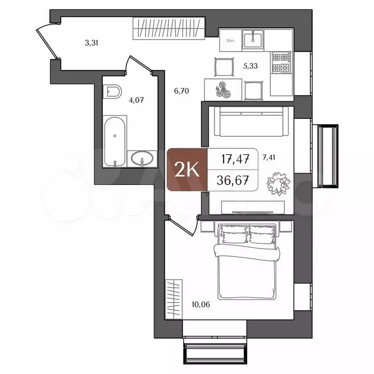 2-к. квартира, 36,7 м, 16/21 эт. - Фото 1