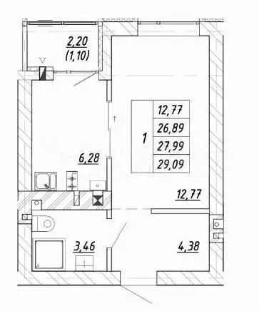 1-к. квартира, 28 м, 2/4 эт. - Фото 0