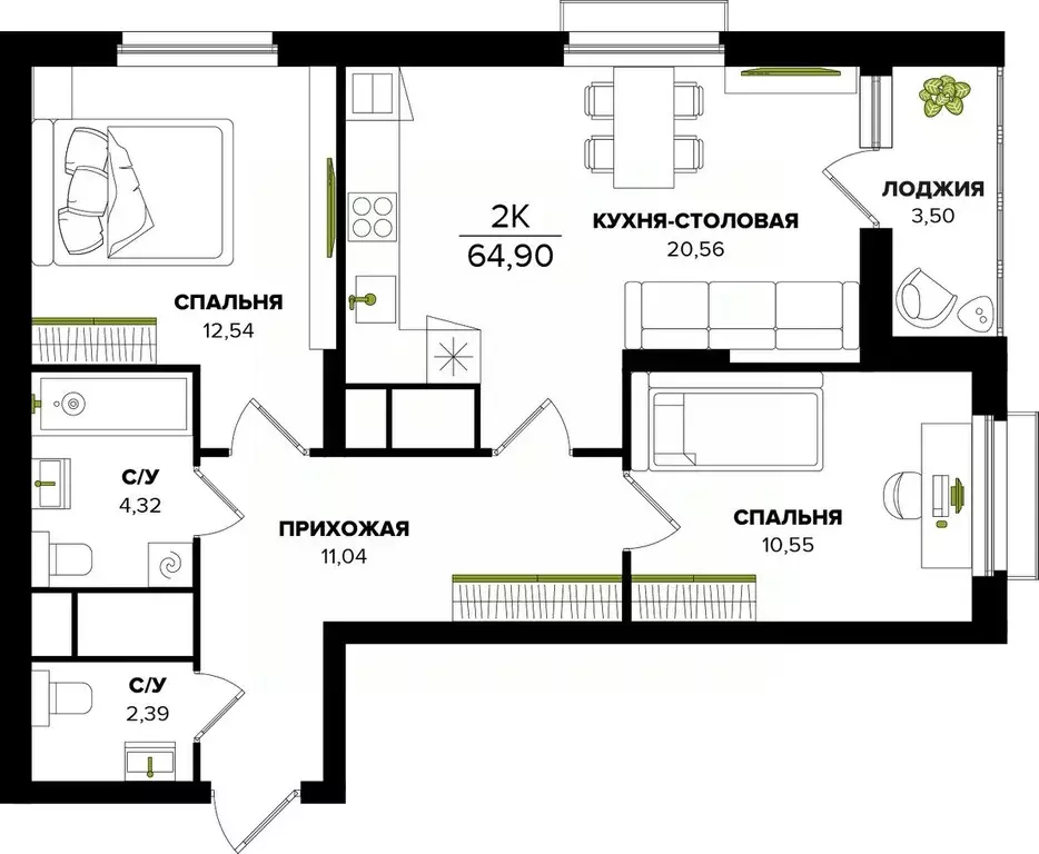 2-к кв. Тульская область, Тула  (64.9 м) - Фото 0