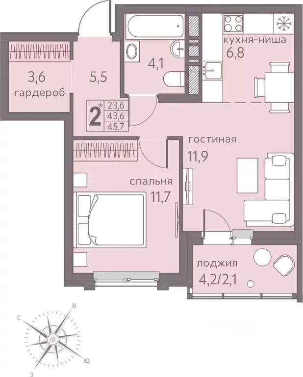 Студия Пермский край, Пермь ул. Серебристая, 5 (45.7 м) - Фото 1