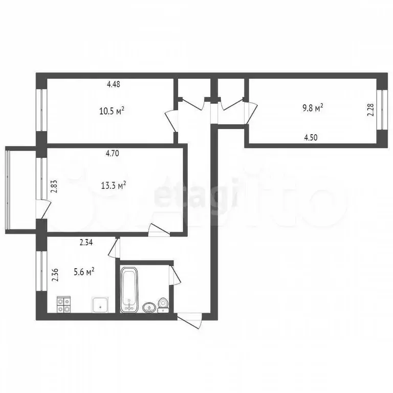 3-к. квартира, 53,7 м, 4/4 эт. - Фото 0