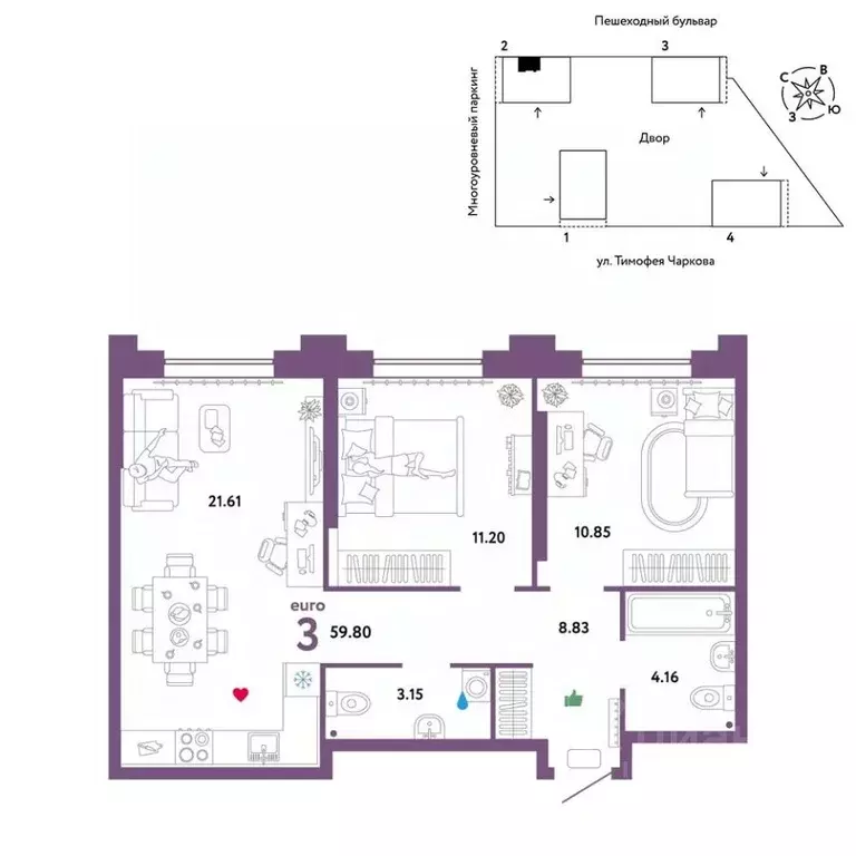 3-к кв. Тюменская область, Тюмень ул. Тимофея Чаркова, 93 (59.8 м) - Фото 0