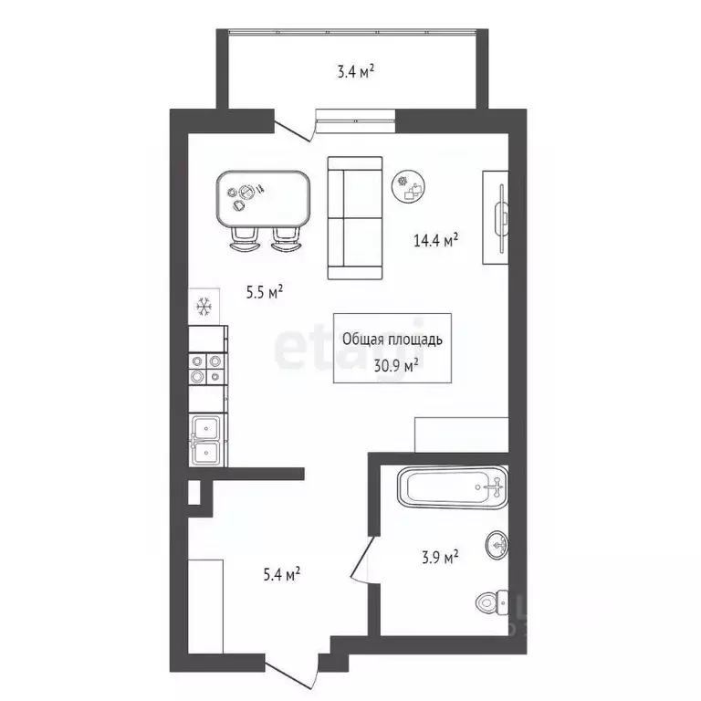 Студия Новосибирская область, Новосибирск ул. Коминтерна, 89 (30.9 м) - Фото 1