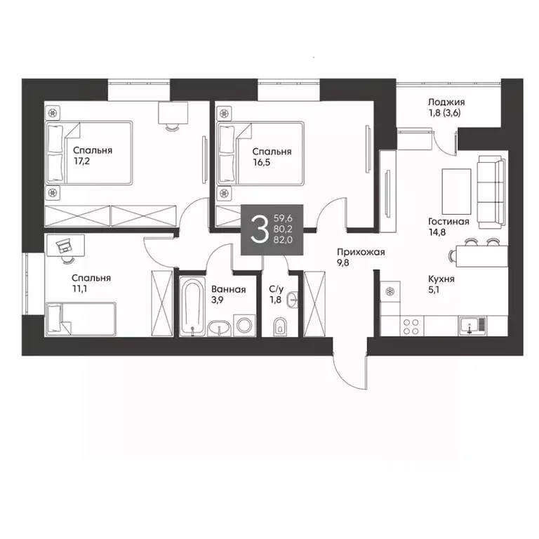 3-к кв. Татарстан, Альметьевск ул. Гафиатуллина, 62 (82.0 м) - Фото 0
