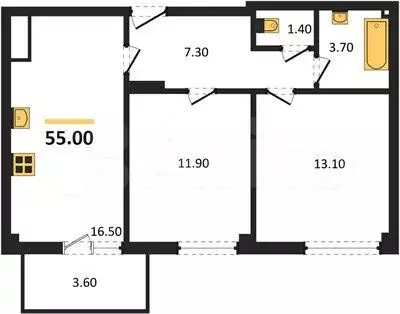 2-к. квартира, 55 м, 6/9 эт. - Фото 1