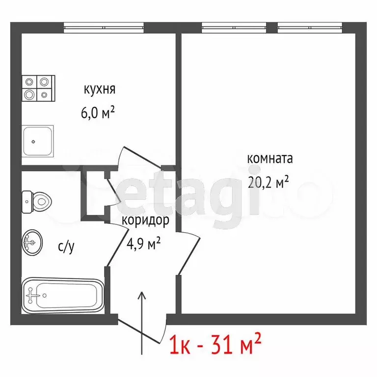 1-к. квартира, 31,5 м, 5/5 эт. - Фото 0