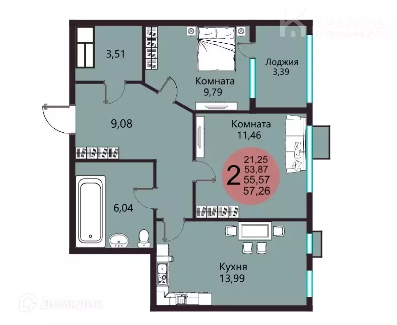 Продаётся 2-к квартира, 57.26 м - Фото 1