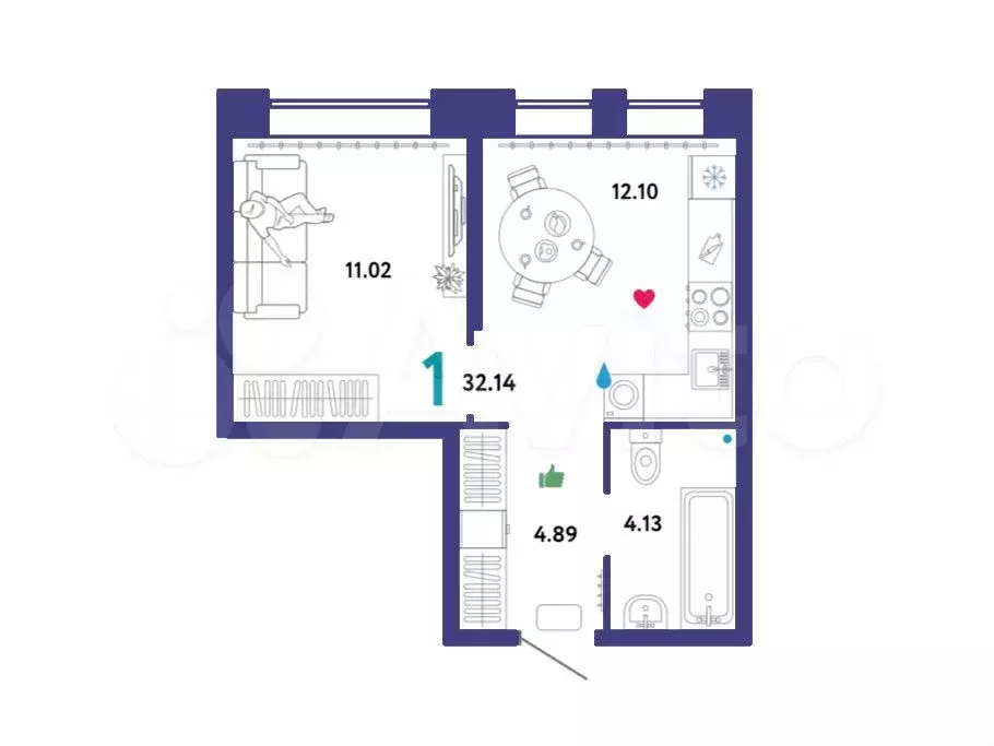 1-к. квартира, 32,1 м, 8/14 эт. - Фото 1