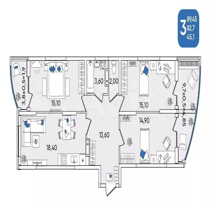 3-к. квартира, 90 м, 7/24 эт. - Фото 0